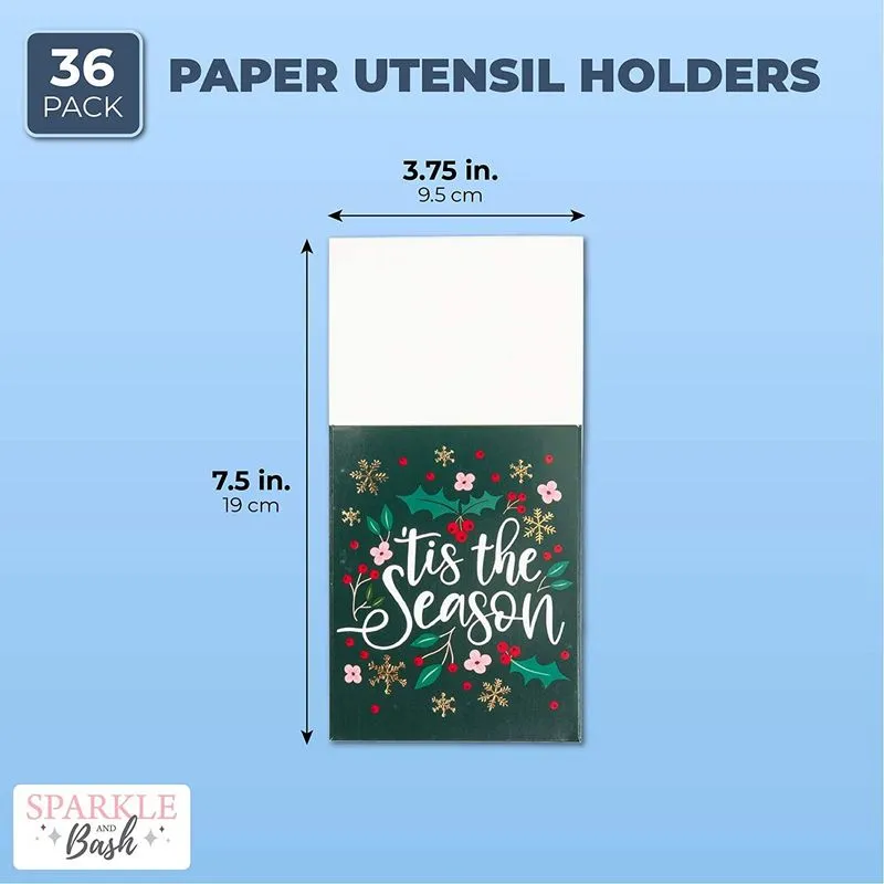 Christmas Utensil Holder Pockets for Holiday Dinner Parties (3.7 x 7.5 In, 36 Pack)
