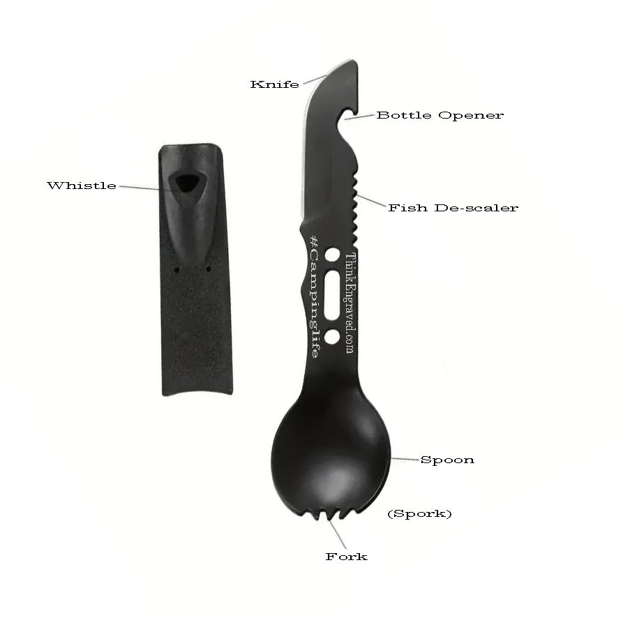 Personalized Camping Spork and Knife 6 in 1 Survival Multi Tool Spork, knife, de-scaler bottle opener and more