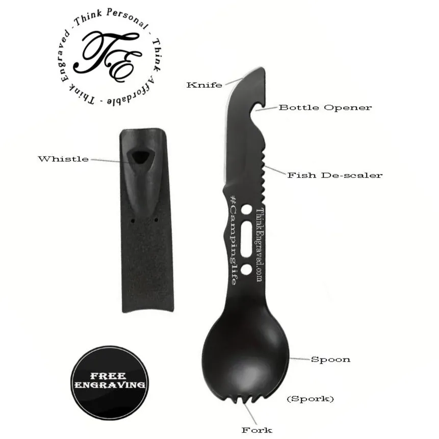 Personalized Camping Spork and Knife 6 in 1 Survival Multi Tool Spork, knife, de-scaler bottle opener and more