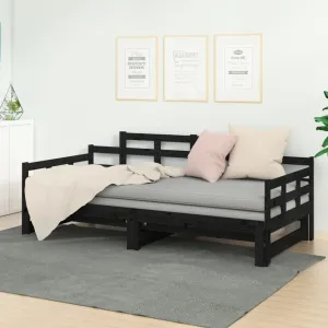 Pull-out Day Bed Black Solid Wood Pine 2x(90x190) cm